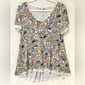 Grace & Lace White Floral V-Neck Asymmetrical with Pink, Yellow & Green Accents